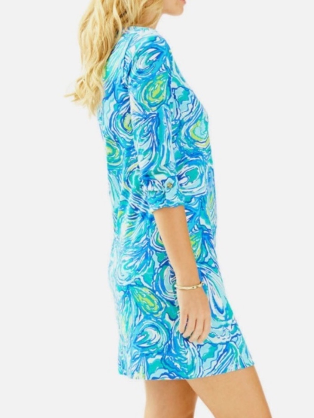 Lilly Pulitzer Linden Dress Oh Shucks Oyster Print Pima Cotton Blue Green XXS - Picture 2 of 9